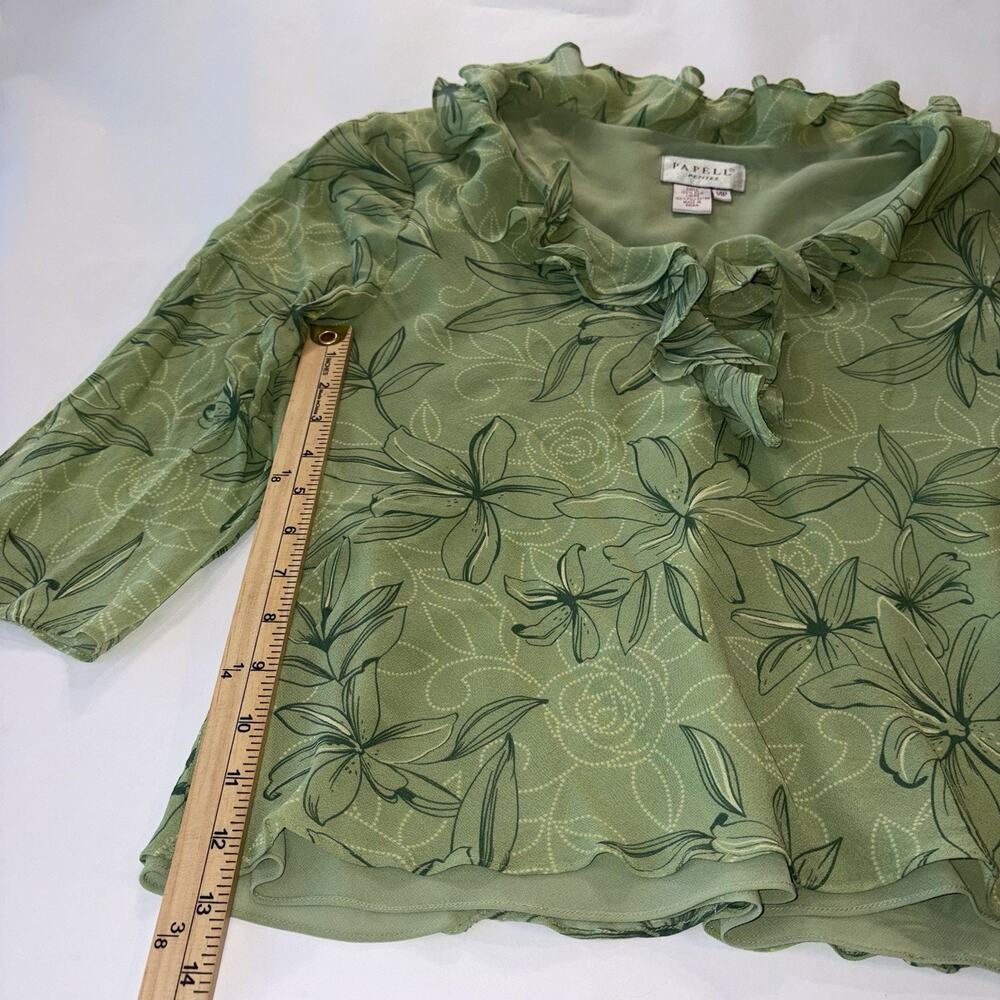 Papell Petites Silk Sage Green Flower Ruffle Blouse Boho Romantic Fairy Sheer - Picture 5 of 10